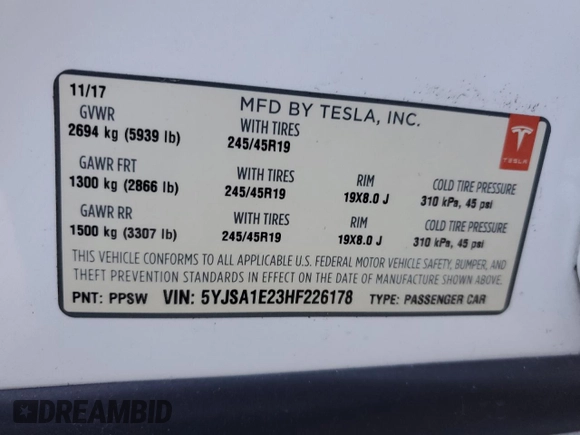 2017 Tesla Model S 100D with VIN 5YJSA1E23HF226178, listed as a Copart auction lot 88478225 with 54,411 mi miles and Salvage Title. Bid and sale history available at carsss.com. Image 15.
