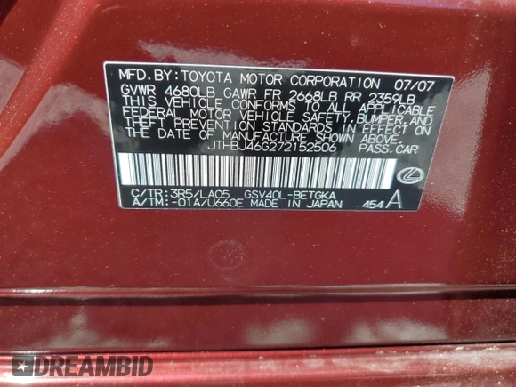 2007 Lexus ES 330 with VIN JTHBJ46G272152506, listed as a Copart auction lot 52325285 with 103,744 mi miles and Salvage Title. Bid and sale history available at DreamBid. Image 14.