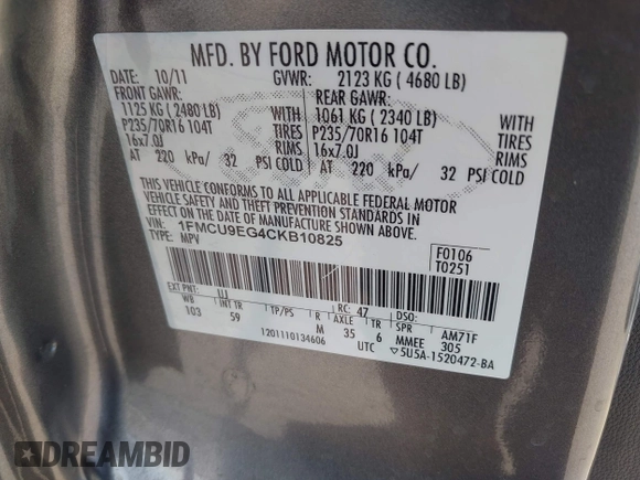 2012 Ford Escape Limited с VIN 1FMCU9EG4CKB10825, выставлен на аукционе IAAI как лот 42022161 с пробегом 240 859 миль миль и . История ставок и продаж доступна на DreamBid. Изображение 9.
