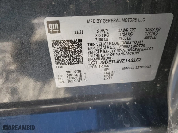 2022 GMC Sierra 1500 SLT with VIN 1GTU9DED3NZ142162, listed as a Copart auction lot 88558535 with 0 mi miles and Salvage Title. Bid and sale history available at carsss.com. Image 12.