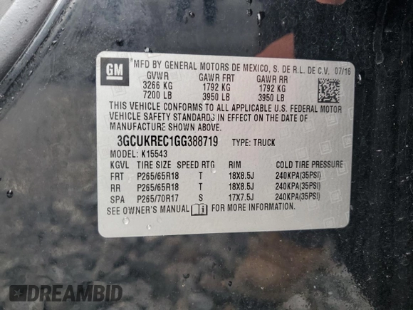 2016 Chevrolet Silverado 1500 LT with VIN 3GCUKREC1GG388719, listed as a Copart auction lot 49661455 with 138,886 mi miles and Salvage Title. Bid and sale history available at DreamBid. Image 12.