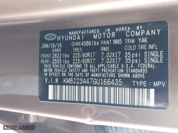 2016 Hyundai Tucson SE with VIN KM8J23A47GU166435, listed as a IAAI auction lot 41952751 with 66,785 mi miles. Bid and sale history available at carsss.com. Image 9.