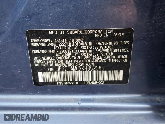 2019 Subaru Crosstrek Limited with VIN JF2GTAMCXKH352086, listed as a Copart auction lot 58018195 with 177,349 mi miles and Salvage title. Bid and sale history available at DreamBid. Image 13.