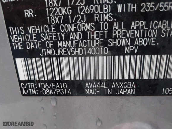 2017 Toyota RAV4 Hybrid Limited with VIN JTMDJREV5HD140010, listed as a IAAI auction lot 41925106 with 97,835 mi miles. Bid and sale history available at carsss.com. Image 9.