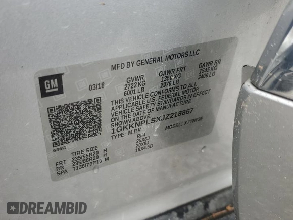 2018 GMC Acadia Denali with VIN 1GKKNPLSXJZ218867, listed as a Copart auction lot 58247895 with 93,230 mi miles and Salvage title. Bid and sale history available at DreamBid. Image 13.