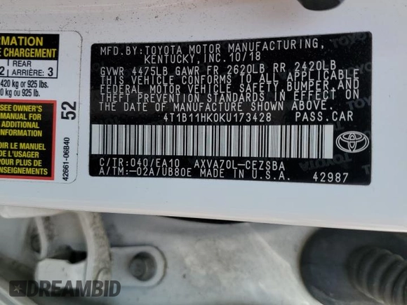2019 Toyota Camry LE with VIN 4T1B11HK0KU173428, listed as a Copart auction lot 50291985 with 89,778 mi miles and Salvage Title. Bid and sale history available at carsss.com. Image 14.