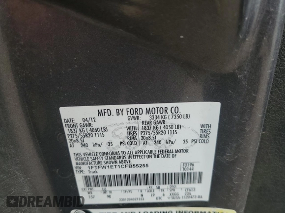 2012 Ford F-150 XL with VIN 1FTFW1ET1CFB55255, listed as a Copart auction lot 58023485 with 204,562 mi miles and Salvage title. Bid and sale history available at DreamBid. Image 12.