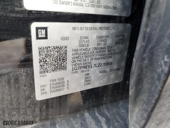 2020 GMC Sierra 1500 AT4 with VIN 1GTP9EEL7LZ270850, listed as a Copart auction lot 44613205 with 57,245 mi miles and Salvage Title. Bid and sale history available at carsss.com. Image 14.
