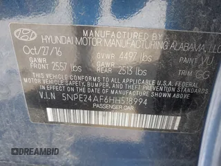 2017 Hyundai Sonata SE with VIN 5NPE24AF6HH518994, listed as a IAAI auction lot 41764608 with 74,761 mi miles. Bid and sale history available at carsss.com. Image 9.