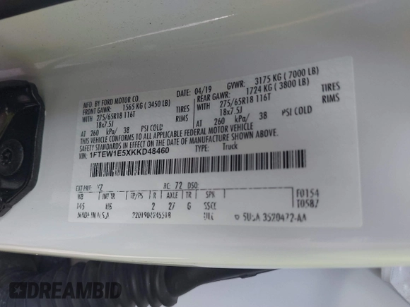 2019 Ford F-150 XL with VIN 1FTEW1E5XKKD48460, listed as a IAAI auction lot 41434707 with 98,431 mi miles. Bid and sale history available at carsss.com. Image 9.