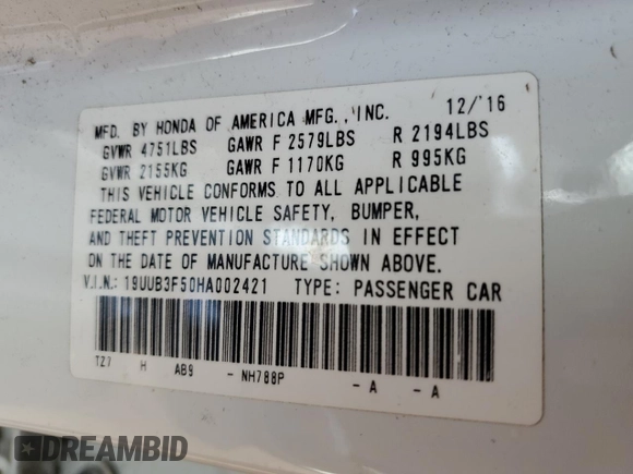 2017 Acura TLX V6 w/Technology Pkg with VIN 19UUB3F50HA002421, listed as a Copart auction lot 49846235 with 105,391 mi miles and Salvage title. Bid and sale history available at DreamBid. Image 12.