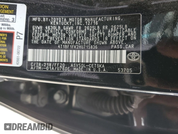 2017 Toyota Camry XLE with VIN 4T1BF1FK2HU715836, listed as a Copart auction lot 52172005 with 110,400 mi miles and Salvage Title. Bid and sale history available at DreamBid. Image 14.