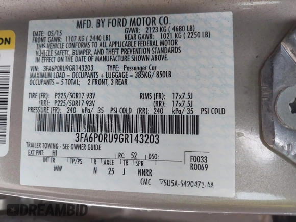 2016 Ford Fusion Titanium Hybrid with VIN 3FA6P0RU9GR143203, listed as a IAAI auction lot 41332144 with 94,357 mi miles. Bid and sale history available at carsss.com. Image 9.