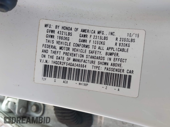 2016 Honda Accord Sport with VIN 1HGCR2F54GA046664, listed as a IAAI auction lot 41411966 with 201,046 mi miles and . Bid and sale history available at DreamBid. Image 9.