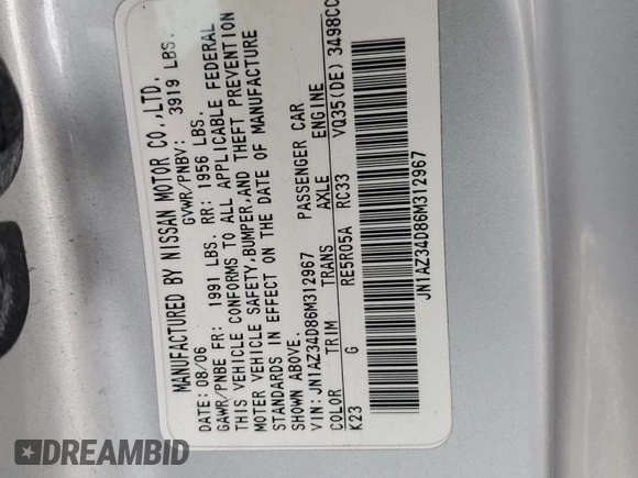 2006 Nissan 350Z Touring with VIN JN1AZ34D86M312967, listed as a Copart auction lot 41336695 with 193,652 mi miles and Salvage Title. Bid and sale history available at carsss.com. Image 12.