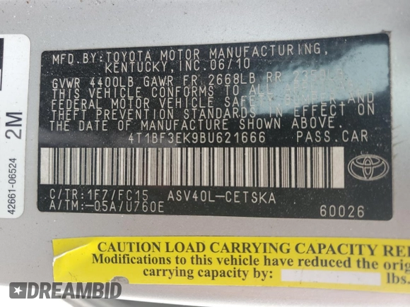 2011 Toyota Camry LE with VIN 4T1BF3EK9BU621666, listed as a Copart auction lot 48752815 with 270,514 mi miles and Salvage Title. Bid and sale history available at carsss.com. Image 12.
