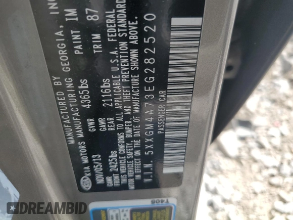 2014 Kia Optima LX with VIN 5XXGM4A73EG282520, listed as a Copart auction lot 60062735 with 170,351 mi miles and Salvage title. Bid and sale history available at DreamBid. Image 12.