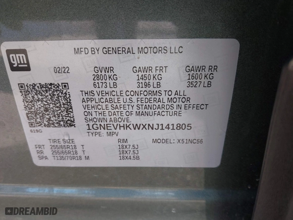 2022 Chevrolet Traverse LT Leather with VIN 1GNEVHKWXNJ141805, listed as a IAAI auction lot 41641352 with 71,504 mi miles. Bid and sale history available at carsss.com. Image 9.