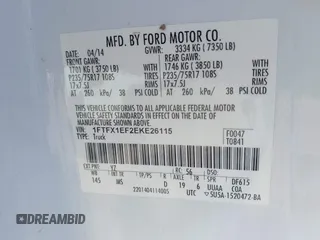 2014 Ford F-150 XL with VIN 1FTFX1EF2EKE26115, listed as a IAAI auction lot 41949049 with 118,404 mi miles. Bid and sale history available at carsss.com. Image 9.