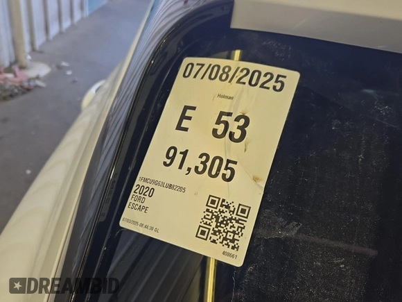 2020 Ford Escape SE with VIN 1FMCU9G63LUB82205, listed as a IAAI auction lot 42663574 with 91,305 mi miles and . Bid and sale history available at DreamBid. Image 48.