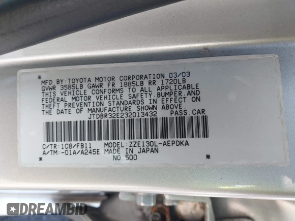 2003 Toyota Corolla CE with VIN JTDBR32E232013432, listed as a IAAI auction lot 41829236 with 198,912 mi miles and . Bid and sale history available at DreamBid. Image 9.