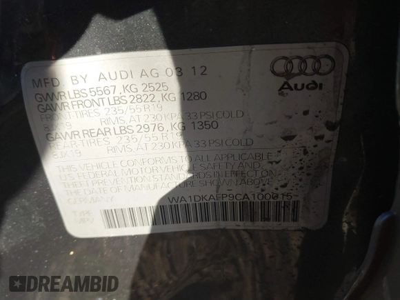2012 Audi Q5 3.2L Premium Plus with VIN WA1DKAFP9CA100015, listed as a IAAI auction lot 41669585 with 213,972 mi miles. Bid and sale history available at carsss.com. Image 9.