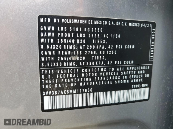 2021 Volkswagen Tiguan SE z VIN 3VV3B7AX8MM117650, wystawiony jako Copart lot #57075485 z przebiegiem 51 309 mil mil oraz Szkoda całkowita • Salvage title. Historia ofert i sprzedaży dostępna na DreamBid. Obrazek 13.