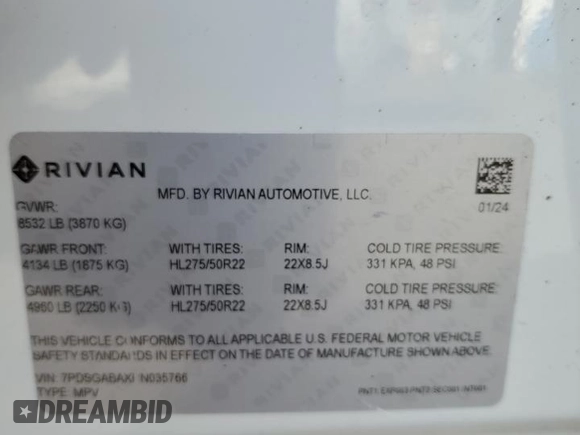2024 Rivian R1S Adventure z VIN 7PDSGABAXRN035766, wystawiony jako Copart lot #77481034 z przebiegiem 6 590 mil mil oraz Szkoda całkowita • Salvage title. Historia ofert i sprzedaży dostępna na DreamBid. Obrazek 15.