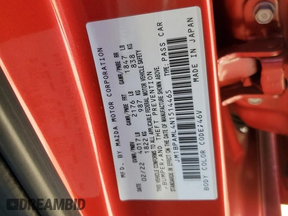 2022 Mazda 3 Premium with VIN JM1BPAML4N1514465, listed as a Copart auction lot 44143875 with 52,002 mi miles and Non repairable. Bid and sale history available at DreamBid. Image 15.