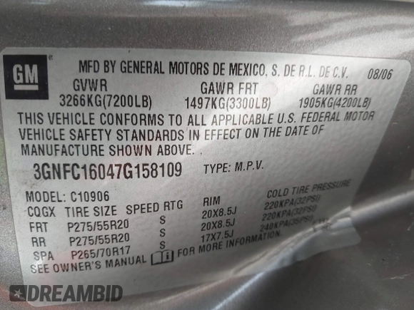 2007 Chevrolet Suburban LT с VIN 3GNFC16047G158109, выставлен на аукционе IAAI как лот 42607596 с пробегом 399 118 миль миль и . История ставок и продаж доступна на DreamBid. Изображение 9.
