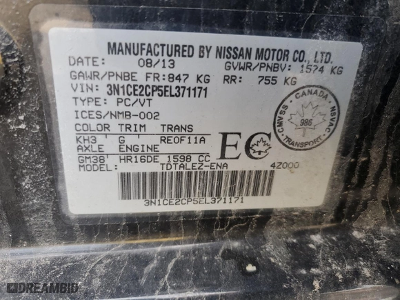 2014 Nissan Versa Note S Plus with VIN 3N1CE2CP5EL371171, listed as a Copart auction lot 49600815 with 205,832 mi miles and Clean Title. Bid and sale history available at carsss.com. Image 12.