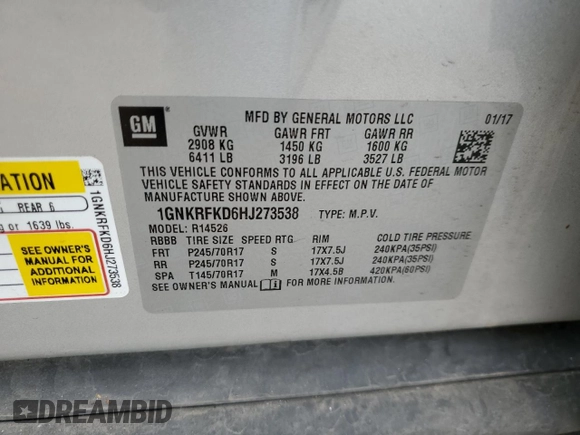 2017 Chevrolet Traverse LS with VIN 1GNKRFKD6HJ273538, listed as a Copart auction lot 57813645 with 126,396 mi miles and Non repairable. Bid and sale history available at DreamBid. Image 13.