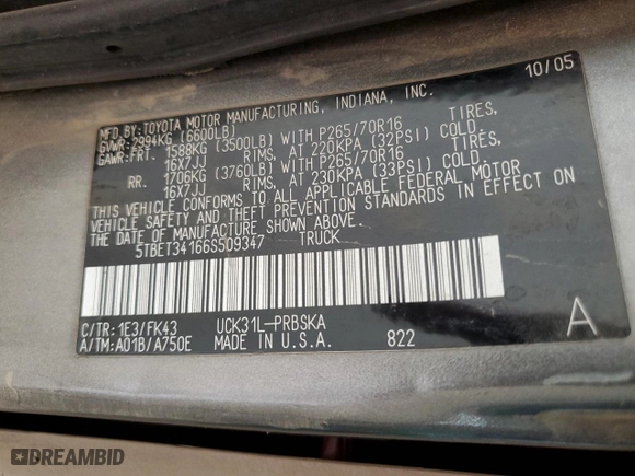 2006 Toyota Tundra SR5 with VIN 5TBET34166S509347, listed as a Copart auction lot 50981185 with 287,322 mi miles and Salvage Title. Bid and sale history available at carsss.com. Image 12.