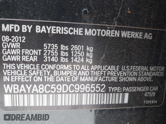 2013 BMW 7 Series 750i with VIN WBAYA8C59DC996552, listed as a IAAI auction lot 41921201 with 99,188 mi miles and . Bid and sale history available at DreamBid. Image 9.
