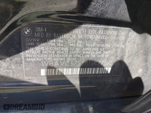 2008 BMW 3 Series 328i with VIN WBAVC57538NK77152, listed as a IAAI auction lot 42516110 with 225,059 mi miles and . Bid and sale history available at DreamBid. Image 9.