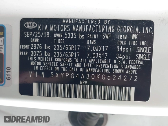 2019 Kia Sorento LX with VIN 5XYPG4A30KG524272, listed as a IAAI auction lot 41786623 with 124,942 mi miles and . Bid and sale history available at carsss.com. Image 9.