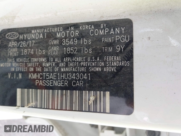 2017 Hyundai Accent SE with VIN KMHCT5AE1HU343041, listed as a IAAI auction lot 41846628 with 106,801 mi miles and . Bid and sale history available at DreamBid. Image 9.