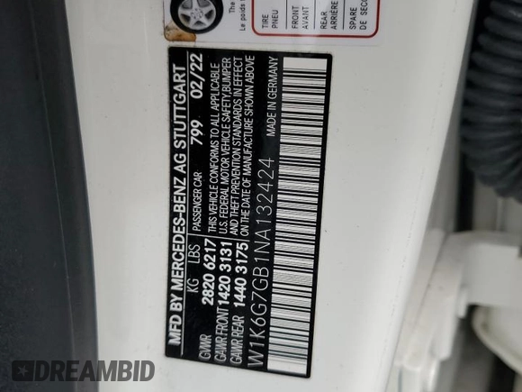 2022 Mercedes-Benz S 580 z VIN W1K6G7GB1NA132424, wystawiony jako Copart lot #55070525 z przebiegiem 47 110 mil mil oraz Szkoda całkowita • Salvage title. Historia ofert i sprzedaży dostępna na DreamBid. Obrazek 12.