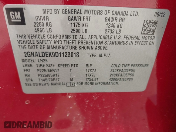 2013 Chevrolet Equinox LT with VIN 2GNALDEK9D1123018, listed as a IAAI auction lot 42079382 with 189,748 mi miles. Bid and sale history available at carsss.com. Image 9.