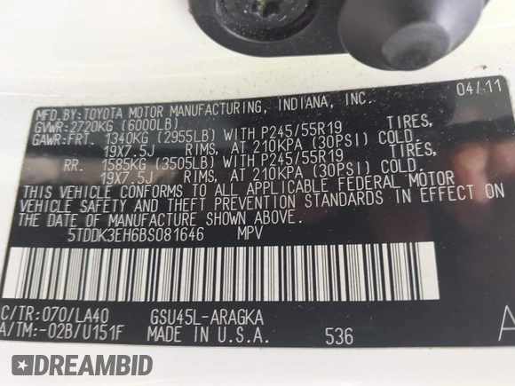 2011 Toyota Highlander Limited with VIN 5TDDK3EH6BS081646, listed as a IAAI auction lot 42612246 with 114,488 mi miles and . Bid and sale history available at DreamBid. Image 9.