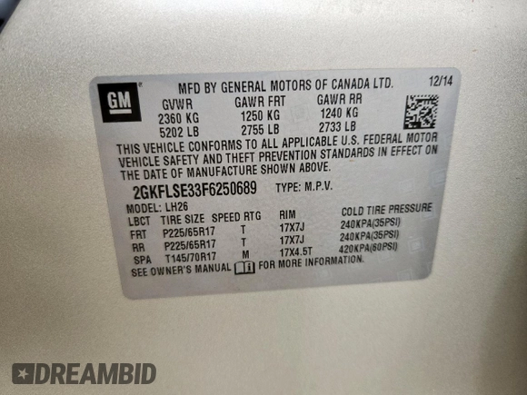 2015 GMC Terrain SLT with VIN 2GKFLSE33F6250689, listed as a Copart auction lot 62022755 with 166,939 mi miles and Clean title. Bid and sale history available at DreamBid. Image 12.