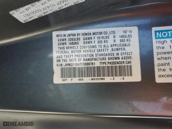 2015 Honda CR-Z with VIN JHMZF1D47FS000761, listed as a Copart auction lot 43000845 with 69,321 mi miles and Salvage Title. Bid and sale history available at carsss.com. Image 12.