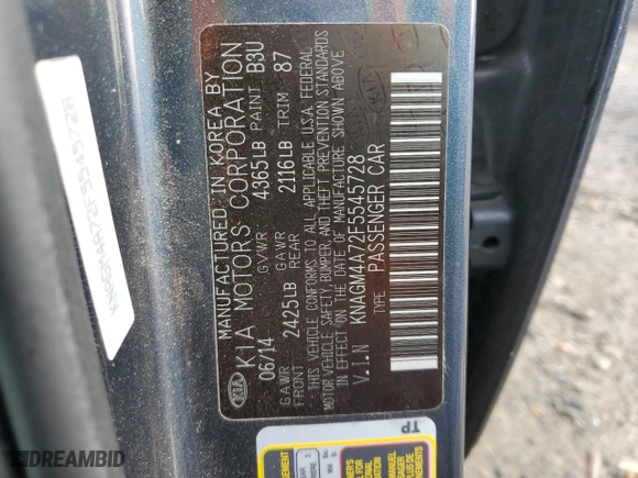2015 Kia Optima LX with VIN KNAGM4A72F5545728, listed as a Copart auction lot 49537985 with 176,971 mi miles and Clean Title. Bid and sale history available at carsss.com. Image 12.