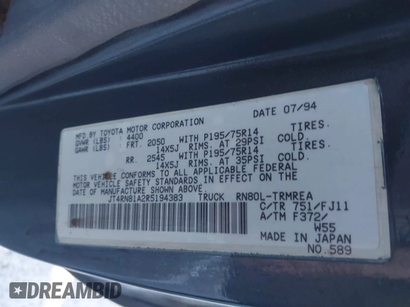 1994 Toyota Pickup with VIN JT4RN81A2R5194383, listed as a IAAI auction lot 41587661 with 262,153 mi miles and . Bid and sale history available at DreamBid. Image 9.