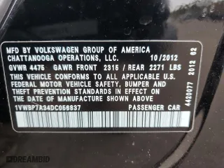 2013 Volkswagen Passat SE with VIN 1VWBP7A34DC056837, listed as a Copart auction lot 53806635 with 197,723 mi miles and Salvage Title. Bid and sale history available at carsss.com. Image 12.