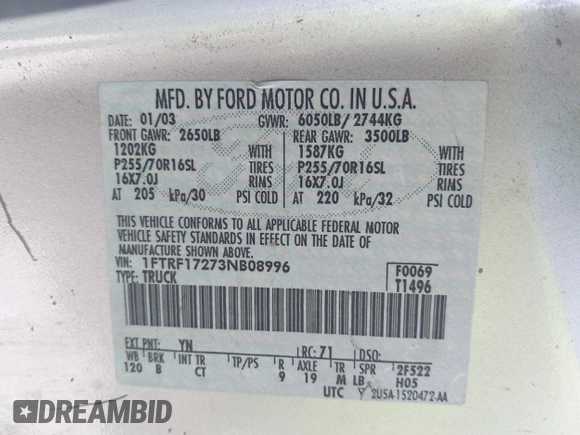 2003 Ford F-150 XL with VIN 1FTRF17273NB08996, listed as a IAAI auction lot 41799869 with Not Provided miles and . Bid and sale history available at DreamBid. Image 9.
