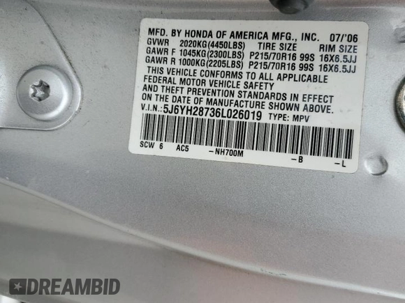 2006 Honda Element EX-P with VIN 5J6YH28736L026019, listed as a Copart auction lot 51469855 with 182,739 mi miles and Salvage Title. Bid and sale history available at DreamBid. Image 14.