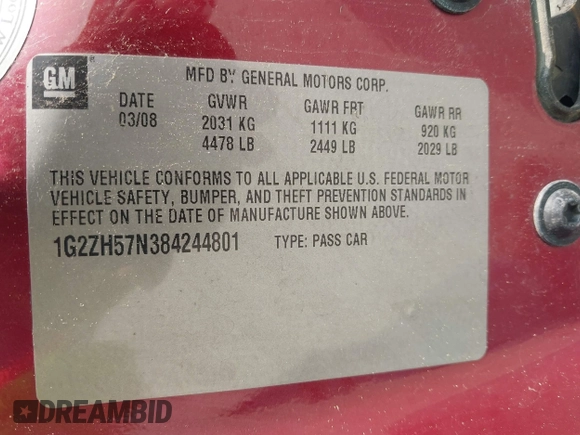 2008 Pontiac G6 GT with VIN 1G2ZH57N384244801, listed as a IAAI auction lot 42415190 with 142,822 mi miles and . Bid and sale history available at DreamBid. Image 9.