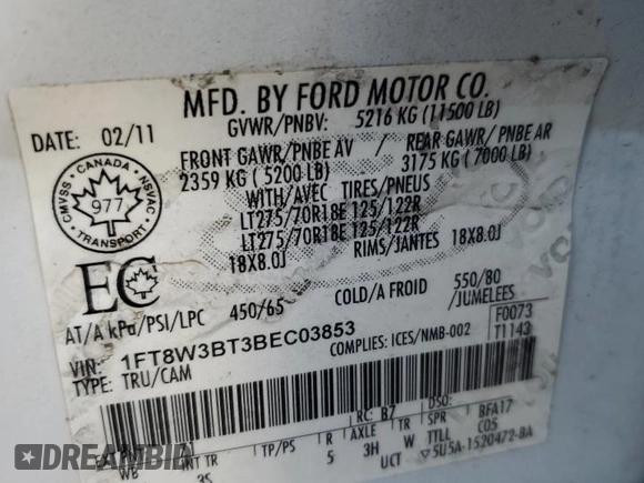 2011 Ford F-350 XL with VIN 1FT8W3BT3BEC03853, listed as a Copart auction lot 84303934 with Not Provided miles and Salvage Title. Bid and sale history available at DreamBid. Image 12.