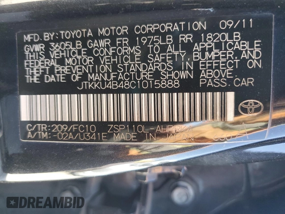 2012 Scion xD with VIN JTKKU4B48C1015888, listed as a Copart auction lot 75729064 with 259,012 mi miles and Salvage Title. Bid and sale history available at DreamBid. Image 12.